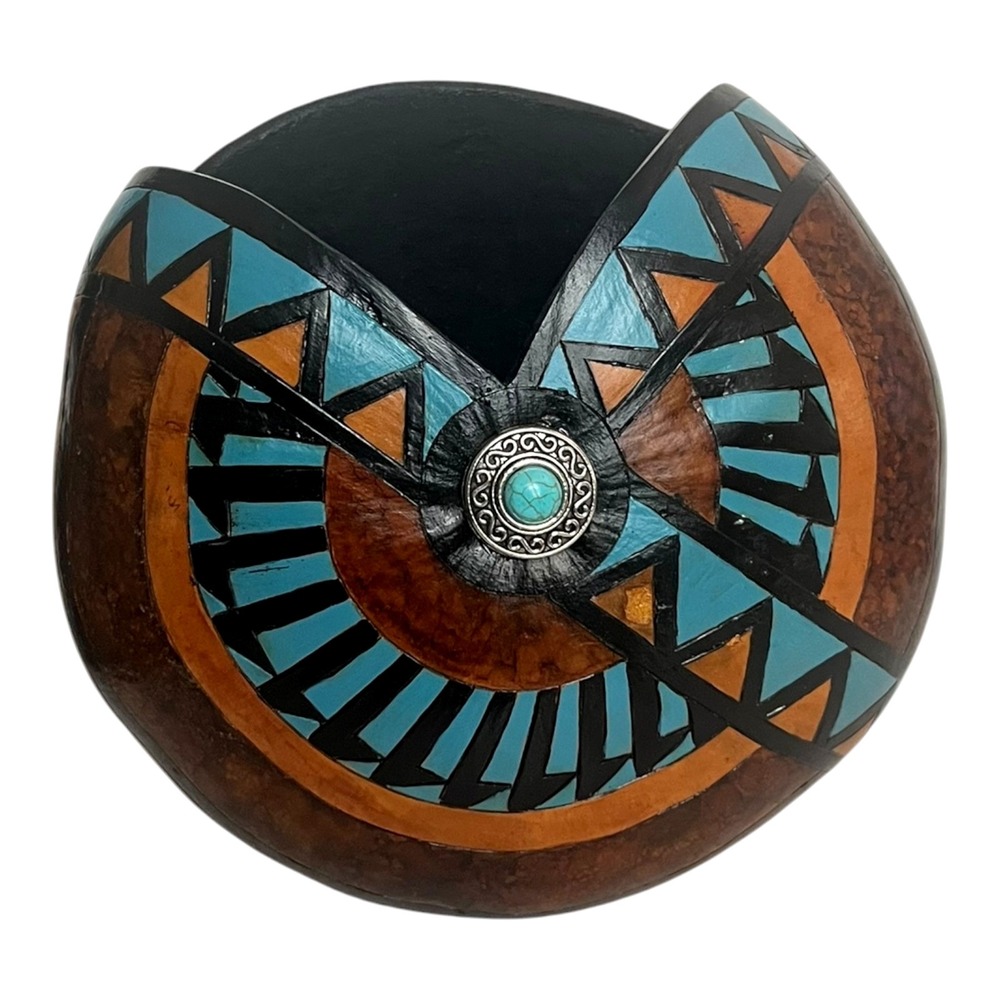 Signed Gourd Vase Hand Painted Etched Southwest Style Folk Art Turquoise